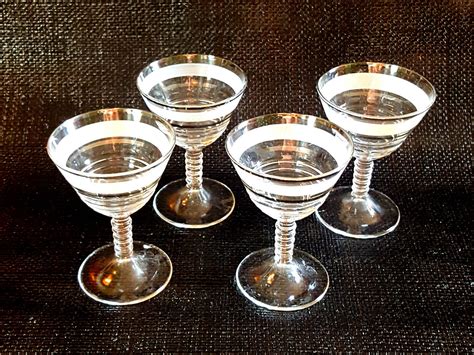 Set Of Four Striped Cocktail Glasses Silver And White Striped Glasses Mid Century Glasses