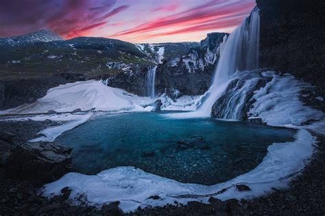 76717 Skógafoss Hd Waterfall Sunset Ice Iceland Mountain Rock