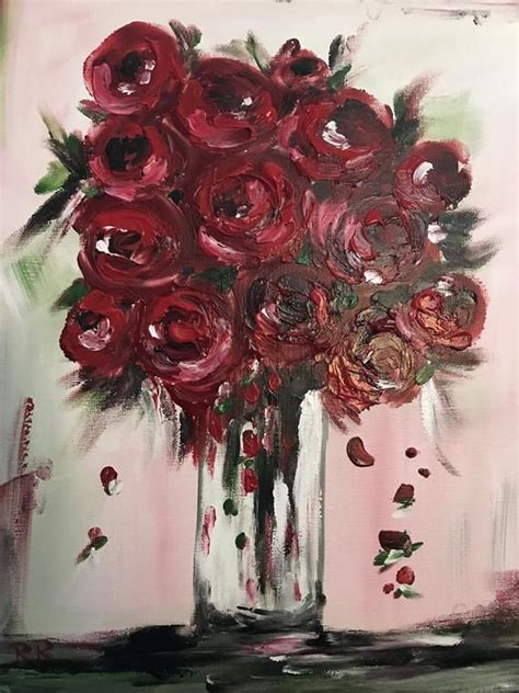 Red Roses In A Vase Original Handmade Acrylic Painting On Rose Vase
