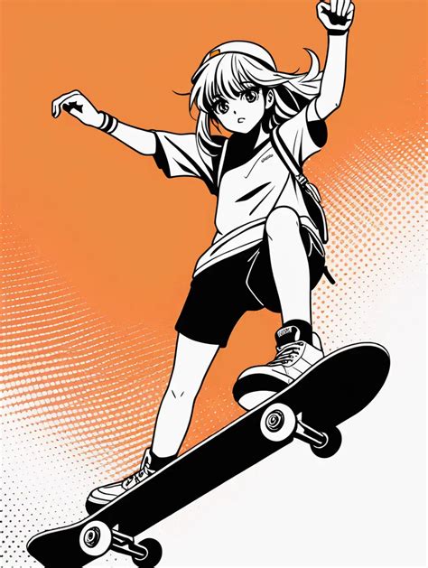 Anime Girl Hero Skateboarding Poster Minimalistic Design In Orange