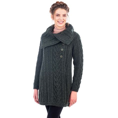 irish coat merino wool classic aran cable knit ladies coat at