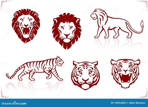 Tiger And Lion Head Front View And Silhouettes Tattoo Stock Vector Illustration Of Lion