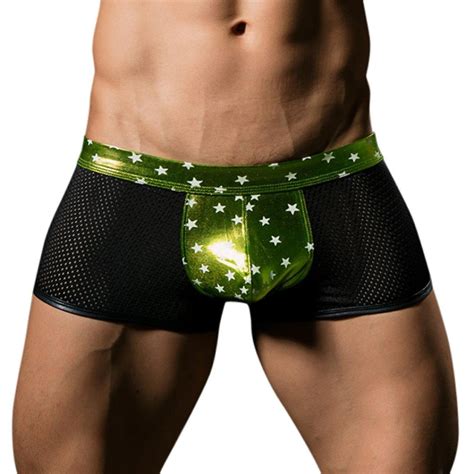 Hmeng Sexy Mens Wet Look Erotic Lingerie Mesh See Through Transparent Boxers Faux Leather