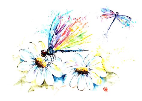 Original Dragonflies Watercolor Painting Diannes Garden