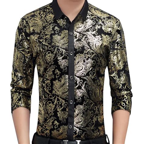 Gold Black Baroque Social Club Shirt Luxury Velvet Shirt Men Long