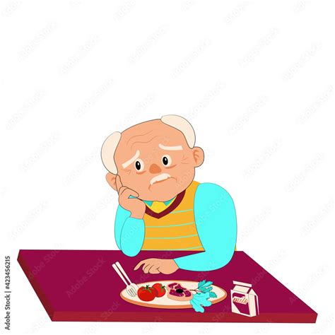 Cartoon Front View Of Alone Grandpa Sitting At Table Bored With Food Old Man Has Anorexia
