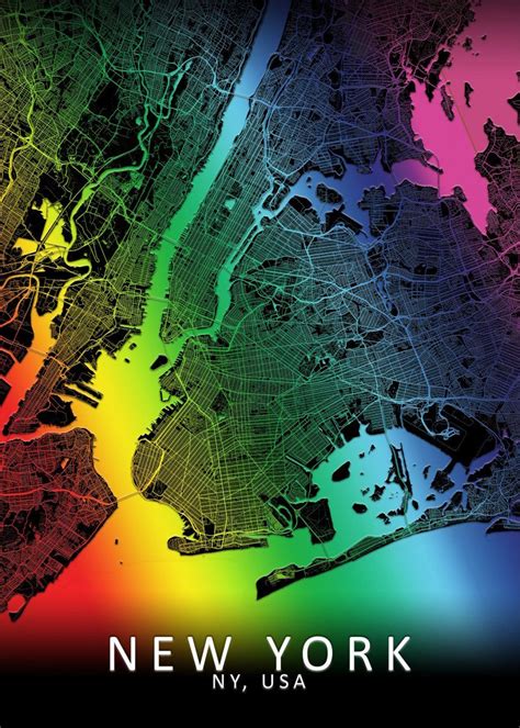 The New York City Map Is Shown In Rainbow Colors And Its Very Colorful