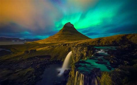 Iceland Aurorae Mountain Landscape Waterfall Rock