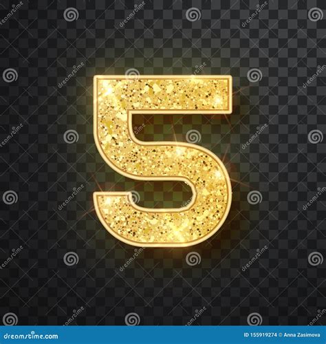 Gold Glitter Numbers Five With Shadow Vector Realistick Shining Golden