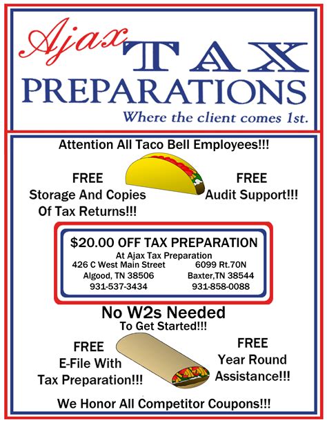 A flyer designs for Ajax Tax designated specifically towards Taco Bell