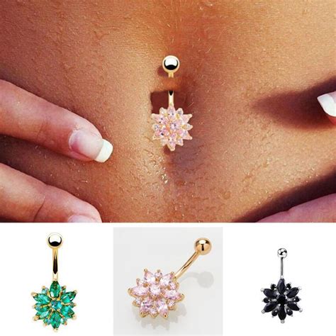 Sexy Dangle Belly Bars Belly Button Gold Silver Rings Belly Piercing Cz Crystal Flower Body