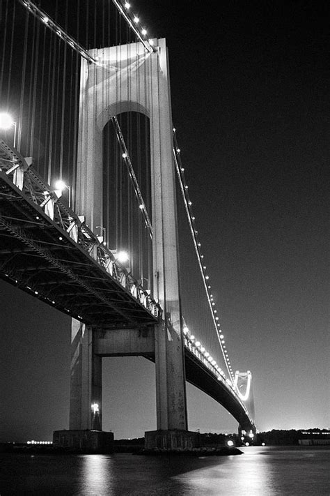 Verrazano Bridge At Night Black And White Photograph By
