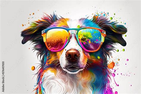 Cartoon Colorful Dog With Sunglasses On White Background Created With
