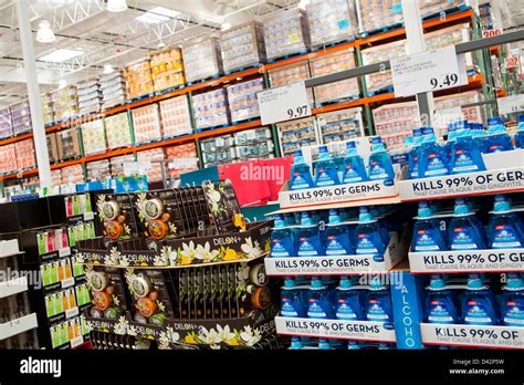 Products on display at a Costco Wholesale Warehouse Club Stock Photo