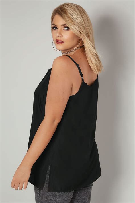 Black Woven Cami Top With Side Splits Plus Size 16 To 36