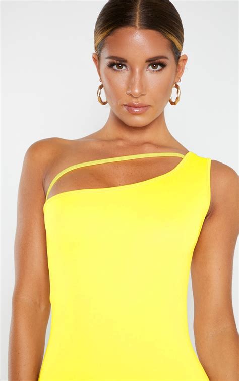 Yellow One Shoulder Strap Detail Bodycon Dress Prettylittlething Usa