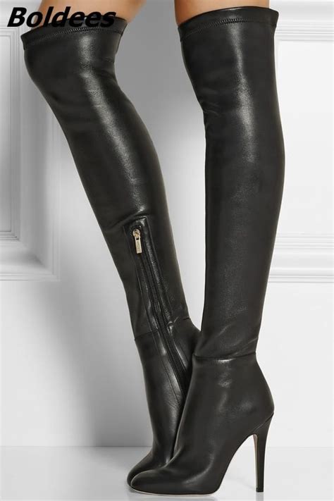 Fashion Black Pu Leather Stiletto Heel Knee High Boots Women Designer Sexy Black Side Half Zip