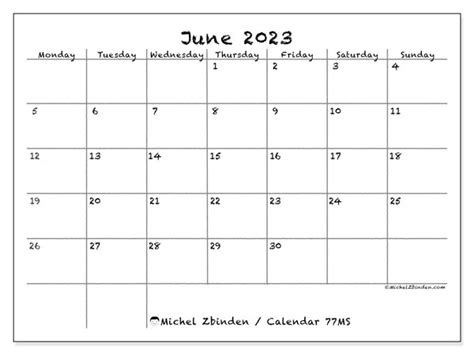 June 2023 Printable Calendar “77ms” Michel Zbinden Ca