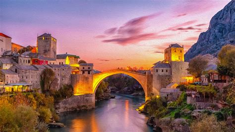 Old Bridge Mostar Bosnia Herzegovina Oil On Canvas 4k