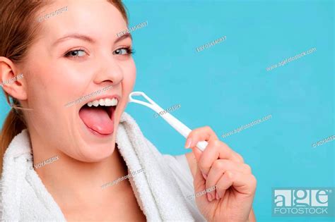 Pretty Young Girl With Tongue Cleaner Happy Woman Cleaning Her Oral Cavity Caring About Dental