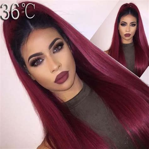 1b 99j Ombre Human Hair Full Lace Wig Straight Burgundy Two Tone 1b 99j