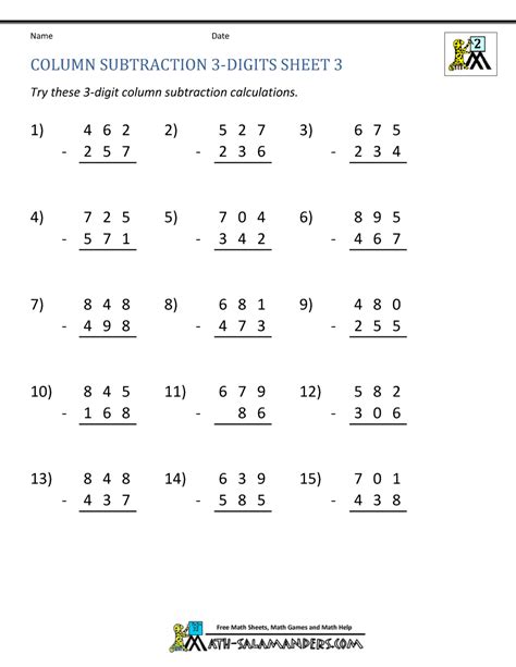 Subtraction 3 Digit Numbers Worksheets Horizontal