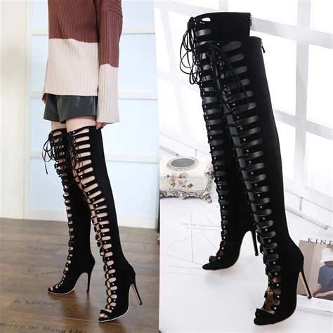 sexy lace up boots thigh high gladiator sandals boots women peep toe pumps over knee gladiator