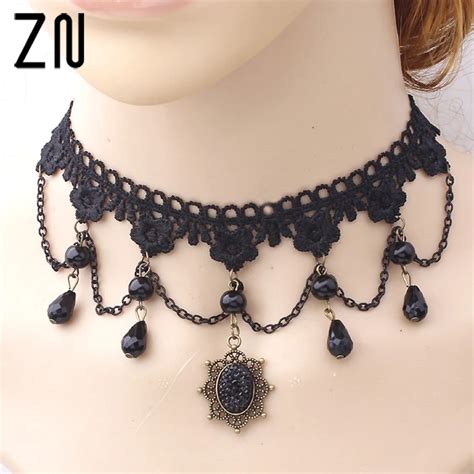 Collares Sexy Gothic Chokers Crystal Black Lace Neck Choker