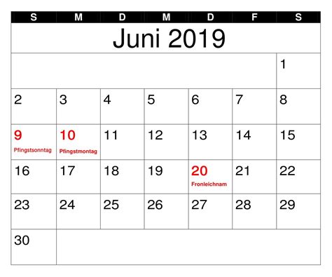 Juni 2019 Kalender Mit Feiertagen Tabelle Words Calendar Word