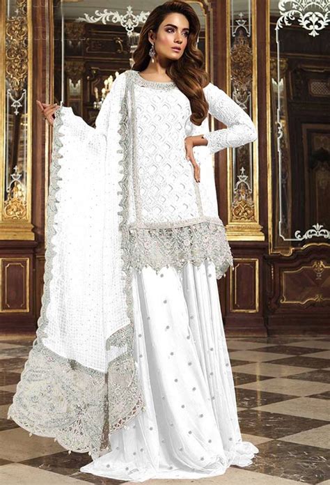 White Heavy Net Sharara Salwar Kameez Set Dress Innovative Fashion Modest Evening Dress