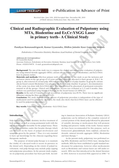 Pdf Clinical And Radiographic Evaluation Of Pulpotomy Using Mta