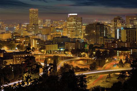 Portland Downtown Cityscape And Freeway At Night Photograph By David Gn