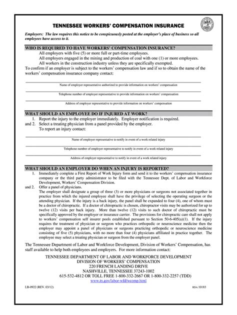 Tennessee Workers Compensation Insurance Lb 0922 Form Fill Out And