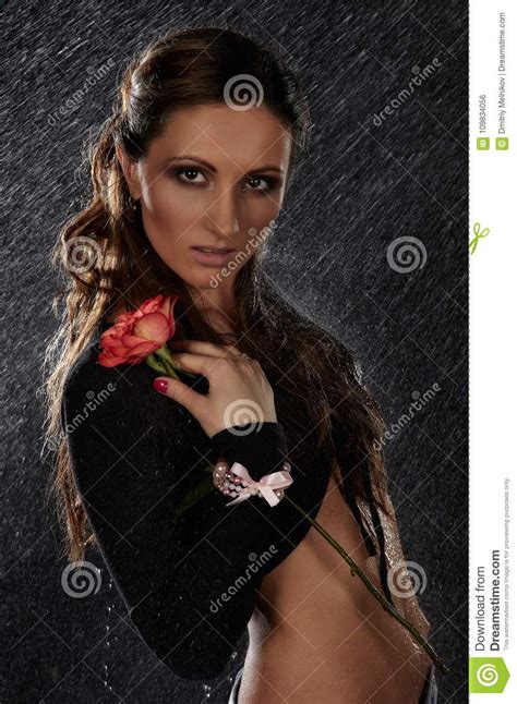 Young Woman With Rose Under Rain Stock Photo Image Of