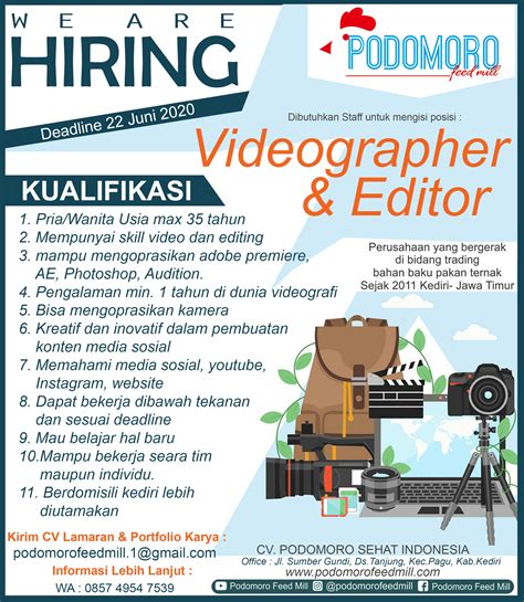 Temukan info lowongan kerja / pekerjaan magang, mahasiswa, kerja sampingan terbaru yang bisa kamu apply sekarang, gratis! Lowongan Kerja Videografer Editor, Podomoro Feedmill