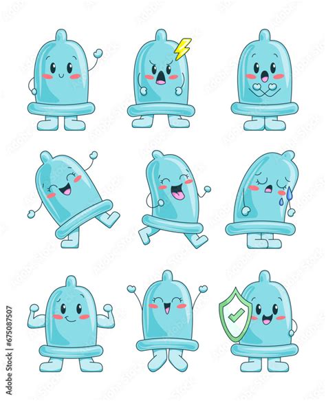 cute happy condom characters safe sex contraception kawaii emoji preservative funny cartoon