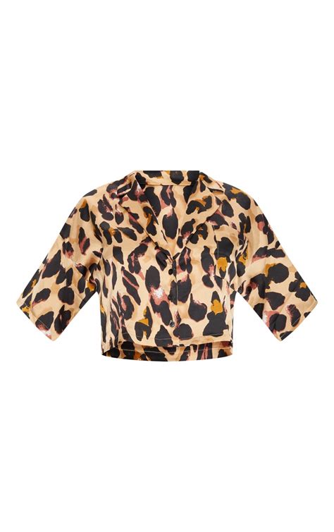Tan Leopard Satin Shortsleeve Crop Shirt Prettylittlething Usa