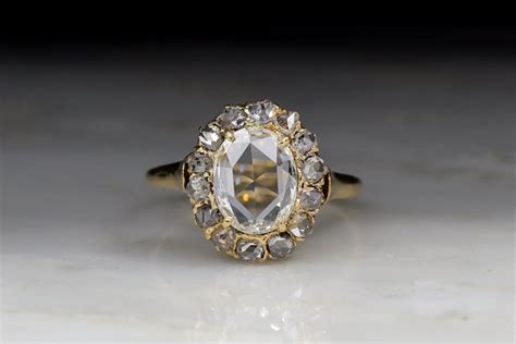 Antique Victorian Oval Rose Cut Diamond Cluster Engagement Ring Pebble And Polish