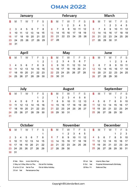 Oman Holiday Calendar 2022 Free Printable Calendar 2023