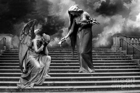 Surreal Fantasy Angels Weeping Black And White Print