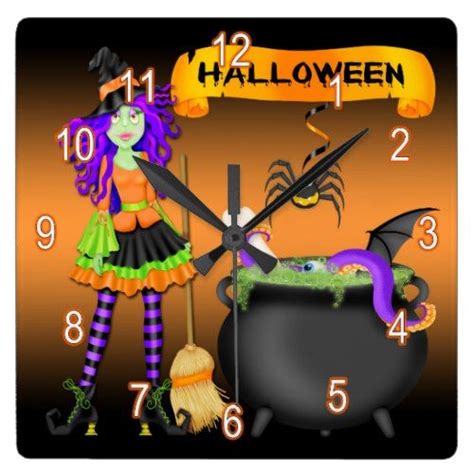 Trendy Halloween Witch Cauldron Square Wall Clock Halloween Witch