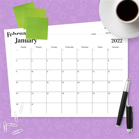 Horizontal Monthly Calendar Template Printable Pdf
