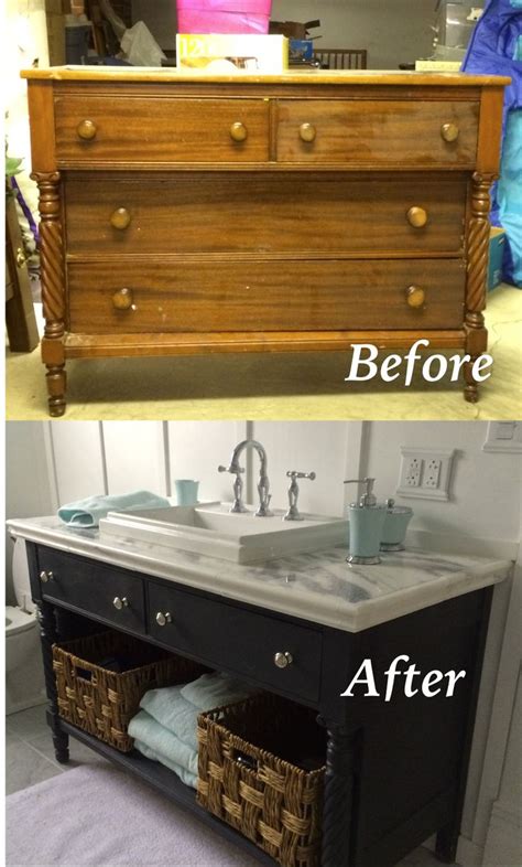 A standard bathroom vanity is usually 34″ high, including the installed countertop. Turn Your Old Dresser Into An Outstanding DIY Bathroom Vanity