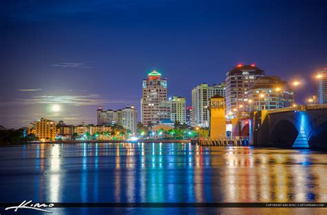 West Palm Beach Skyline Moon Setting Over Waterway Hdr Photography By