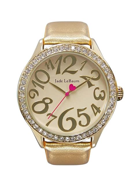 Womens Gold Tone Watch Leather Strap Rhinestone Accented Bezel Easy
