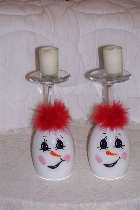 Inverted Wine Glass Snowman Candle Holder With Frou Frou Pair Deco