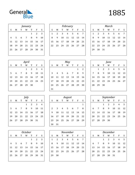 1885 Calendar Pdf Word Excel