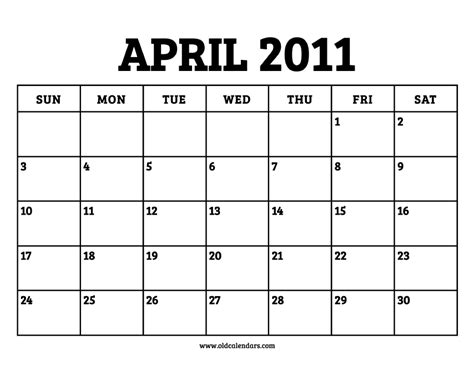 Calendar April 2011 Printable Old Calendars