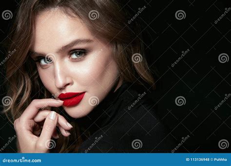 Beautiful Woman Face With Makeup And Red Lips Stock Photo Image Of