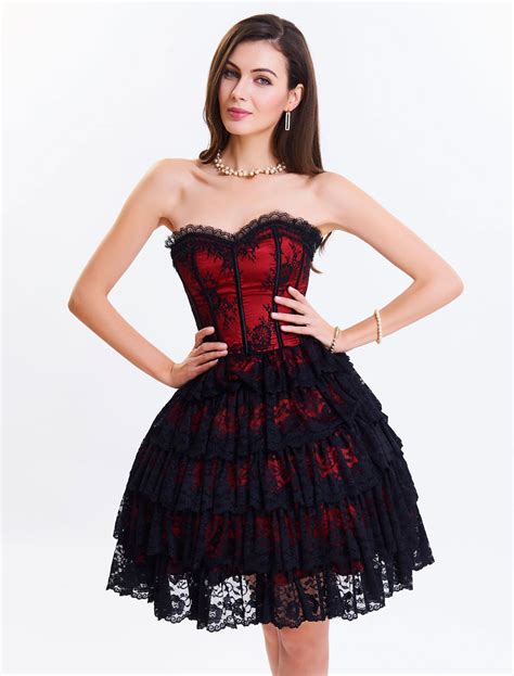 Lace Corset Dress Women S Sweetheart Lace Up Strapless Two Tone Layered